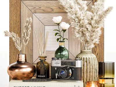 Decorative Ornament Set With Vases Dried Flowers Camera Candles And Wooden Frame Mirror Background 3d model