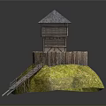 Scenic Small Island With Wooden Watchtower Green Grass And Staircase
