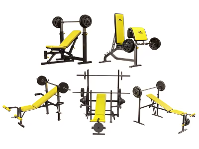 Essential Home Gym Fitness Equipment Including Weight Benches Barbells and Squat Racks in Yellow Black Design 3d model