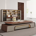 Modern Wooden Office Desk With Laptop Beige Chair Lit Bookshelf And Green Plant