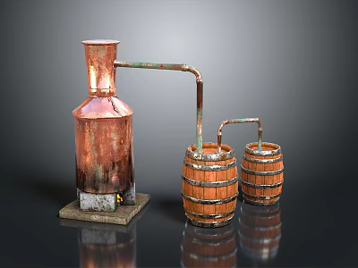 Copper Distillation Still With Wooden Barrels Brewing Equipment Setup 3d model
