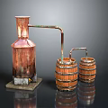 Copper Distillation Still With Wooden Barrels Brewing Equipment Setup