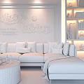 Modern Sofa And Coffee Table Set With Light Upholstered Patterned Cushions Round Black Woven Tables Decorative Items