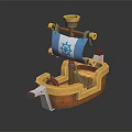Toy Water Transport Boat Model With Blue Emblem Sail And Brown Yellow Hull