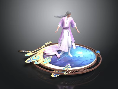 Ornate Circular Platform With Blue Surface Golden Decorations And Purple Robed Figure 3d model