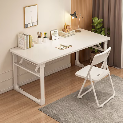 White Home Office Desk With Books Pen Holder Table Lamp Photo Frame And Foldable Chair 3d model