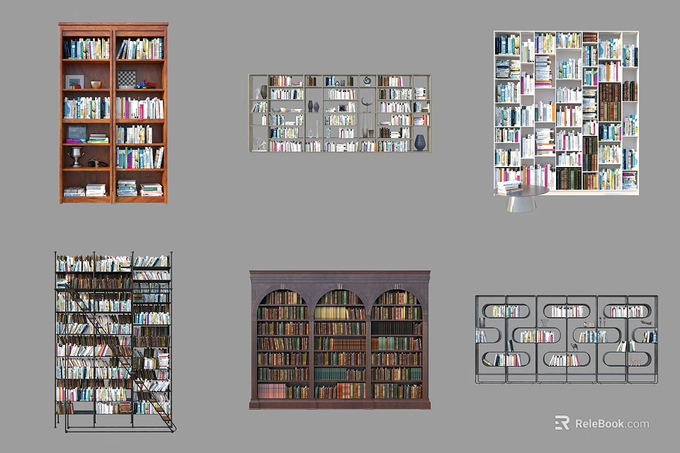 Various Bookcase Designs With Open Shelves Glass Doors And Wooden Metal Frames 3d model 