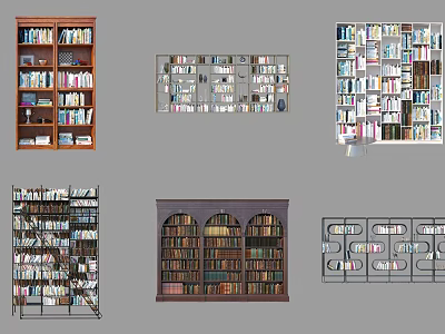 Various Bookcase Designs With Open Shelves Glass Doors And Wooden Metal Frames 3d model