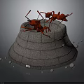 Detailed Red Ant 3D Models On Layered Conical Stone Platform With Small Stones