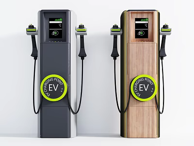 Modern EV Charging Stations With Gray And Wooden Texture Equipped With Charging Guns 3d model