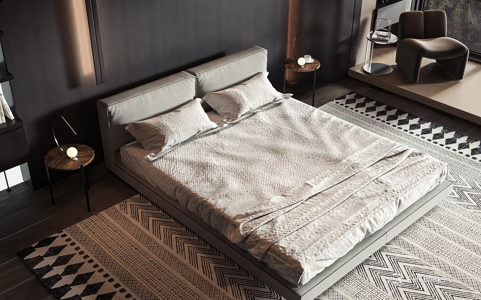 Modern Double Bed with Light Gray Bedding Textured Linen and Bedside Tables on Geometric Rug 3d model 