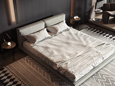 Modern Double Bed with Light Gray Bedding Textured Linen and Bedside Tables on Geometric Rug 3d model