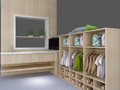 Organized Wooden Wardrobe With Hanging Clothes Multiple Compartments And Green Plants 3d model