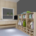 Organized Wooden Wardrobe With Hanging Clothes Multiple Compartments And Green Plants