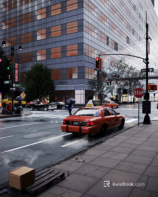 Vibrant Commercial Street With Tall Buildings Orange Taxi And Pedestrians On Rainy Day 3d model 