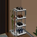 White Three Tier Shoe Rack With Sneakers Leather Shoes And Hanging Umbrellas