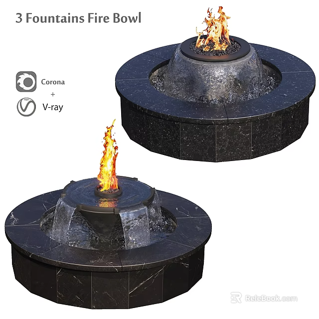 Outdoor Garden Ornament Round Black Stone Fire Water Fountain Decorative Design With Fire Feature 3d model 