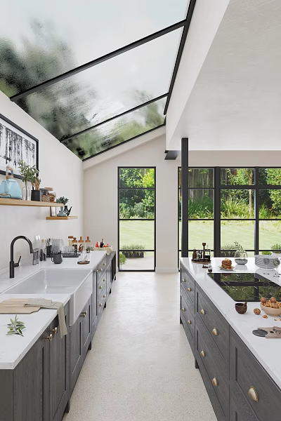 Bright Modern Kitchen With Skylight And Large Windows White Countertops Cabinets And Sink 3d model