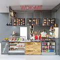 Vibrant Restaurant Interior With Hanging Menu Boards Red Tile Counter And Food Display Cases