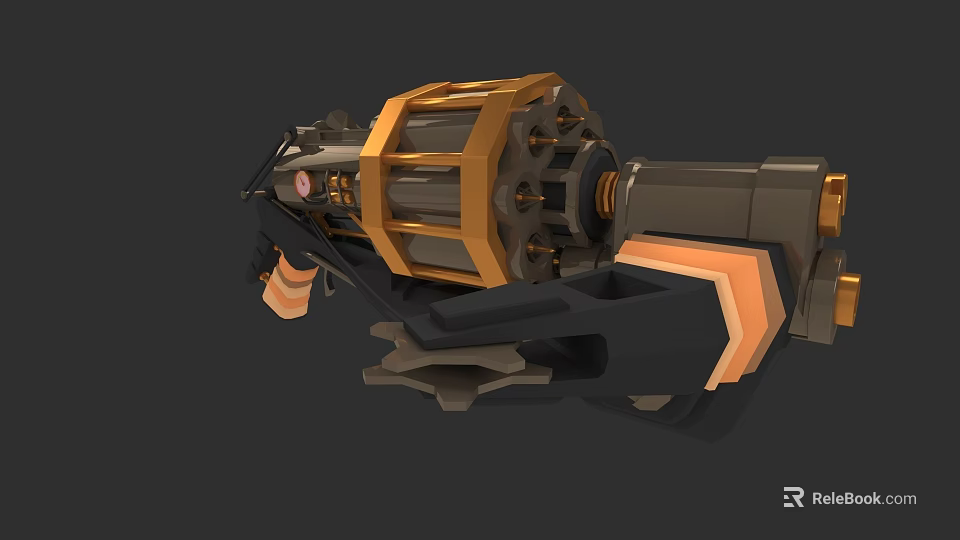 Mechanical Weapon 3D Model With Gold And Black Components And Gear Details 3d model 