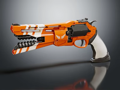 Orange Pistol With White Grip And Striped Design Elements On Gray Background 3d model