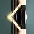 Modern Black Wall Lamp With Wooden Stripes And Yellow Geometric LED On Green Wall