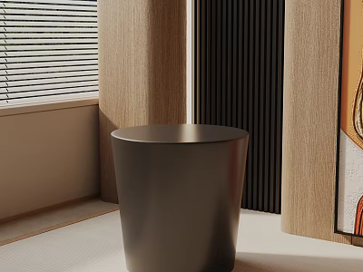 Black Round Top Side Table In Modern Interior With Wooden Panels And Window Blinds 3d model
