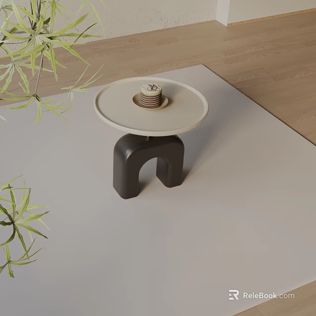 Modern Round Side Table With Arch Shaped Dark Base Light Top And Green Plants 3d model