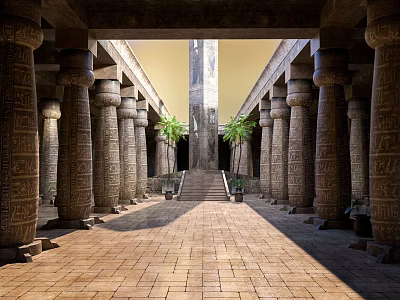 Ancient Egyptian Religious Temple Corridor With Intricate Stone Column Carvings And Sacred Path 3d model