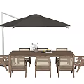 Outdoor Wooden Table and Chairs Set with Black Umbrella and Mesh Back Seats