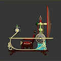 Steampunk Mechanical Model With Red Wheel Gears Metal Structure And Wooden Base