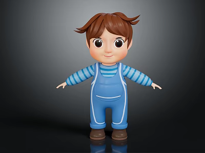 3D Cartoon Boy Character With Brown Hair Blue Striped Shirt And Blue Overalls Standing Pose 3d model