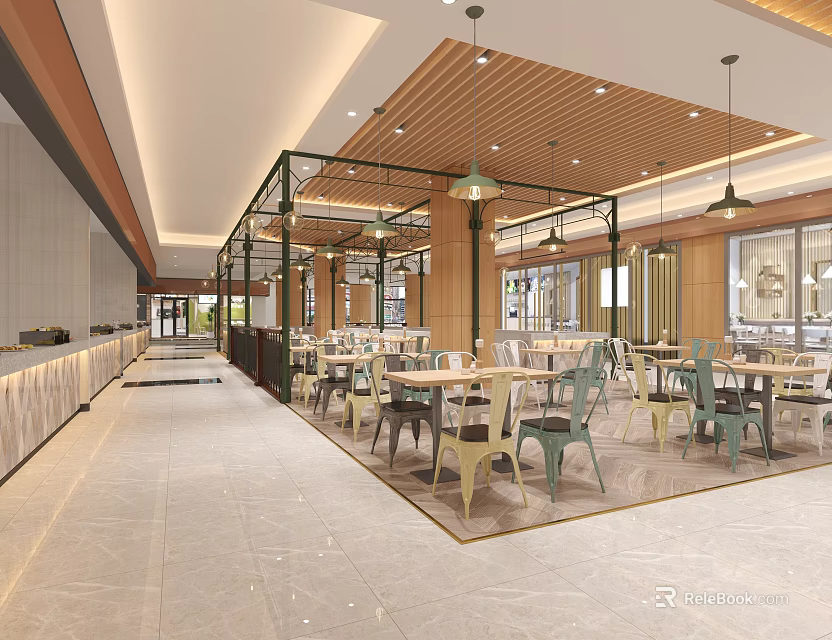 Modern Restaurant Dining Area With Wooden Ceiling Pendant Lights Tables And Colorful Chairs 3d model 