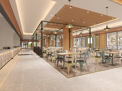 Modern Restaurant Dining Area With Wooden Ceiling Pendant Lights Tables And Colorful Chairs 3d model