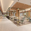 Modern Restaurant Dining Area With Wooden Ceiling Pendant Lights Tables And Colorful Chairs