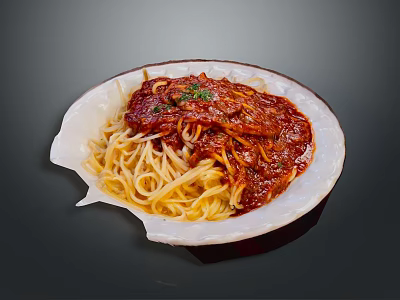 Spaghetti with Rich Tomato Meat Sauce Topped with Fresh Herbs on White Plate 3d model