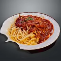 Spaghetti with Rich Tomato Meat Sauce Topped with Fresh Herbs on White Plate