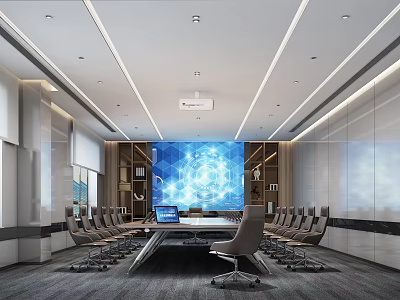 Modern Conference Room Interior With Long Meeting Table Ergonomic Chairs And Large Digital Screen 3d model