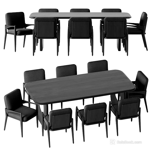 Modern Rectangular Dining Table And Chair Set With Wooden Top And Black Frame Chairs 3d model