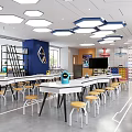 Modern School Classroom With White Tables Yellow Chairs Hexagonal Lights And Smart Whiteboard