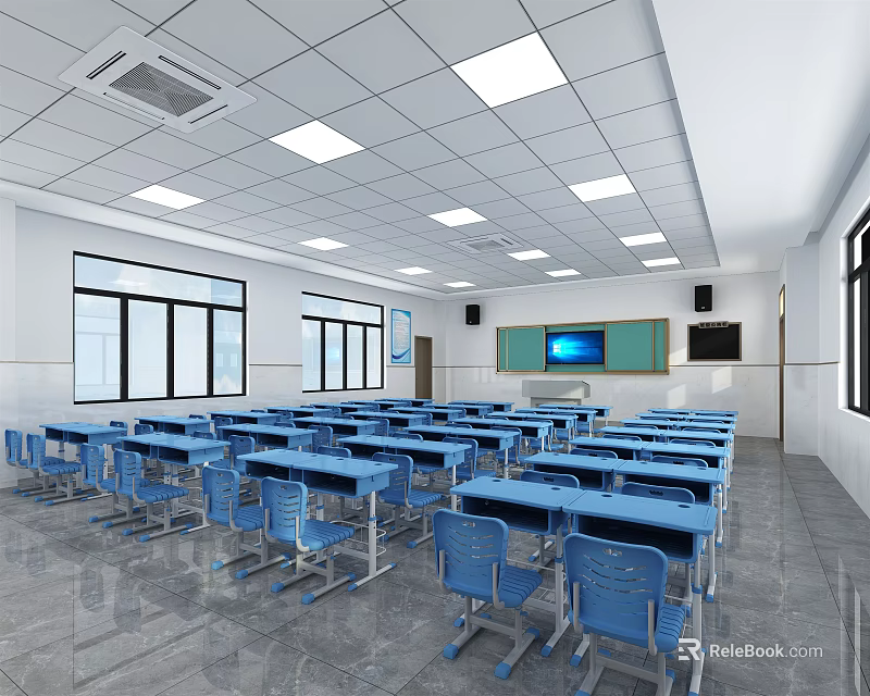 School Classroom With Neatly Arranged Blue Desks Chairs Ceiling Lights Windows And Smart Blackboard 3d model 