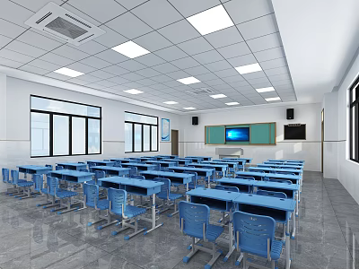 School Classroom With Neatly Arranged Blue Desks Chairs Ceiling Lights Windows And Smart Blackboard 3d model