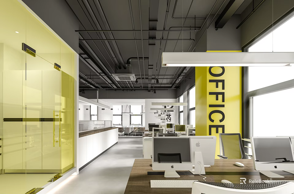 Modern Public Office Space With Open Layout Yellow Accents Glass Partitions And Workstations 3d model 