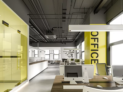Modern Public Office Space With Open Layout Yellow Accents Glass Partitions And Workstations 3d model