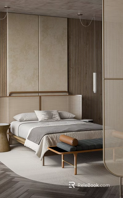 Modern Minimalist Double Bed In Bedroom Interior With Wicker Headboard Wooden Walls And Cozy Bedding 3d model 