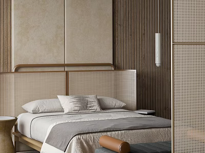 Modern Minimalist Double Bed In Bedroom Interior With Wicker Headboard Wooden Walls And Cozy Bedding 3d model