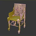 Golden Ornate Chair With Ancient Figural Motifs And Colorful Decorations