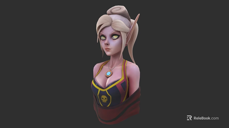 Blonde Bun Woman Elf Ears Green Eyes Skull Patterned Vest Blue Gem Necklace Dark Background 3d model 