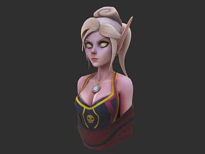 Blonde Bun Woman Elf Ears Green Eyes Skull Patterned Vest Blue Gem Necklace Dark Background 3d model