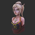 Blonde Bun Woman Elf Ears Green Eyes Skull Patterned Vest Blue Gem Necklace Dark Background